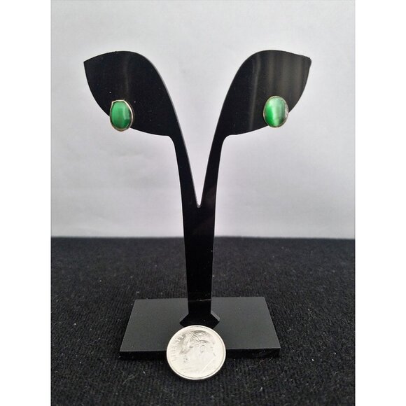 DARK GREEN CAT'S EYE Star Quartz sterling silver EARRINGS 6x8mm artisan 925 - Picture 7 of 9